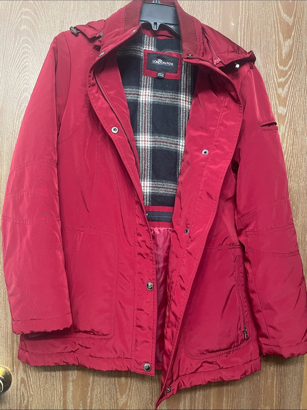 London Fog Red Plaid-Lined Hooded Jacket